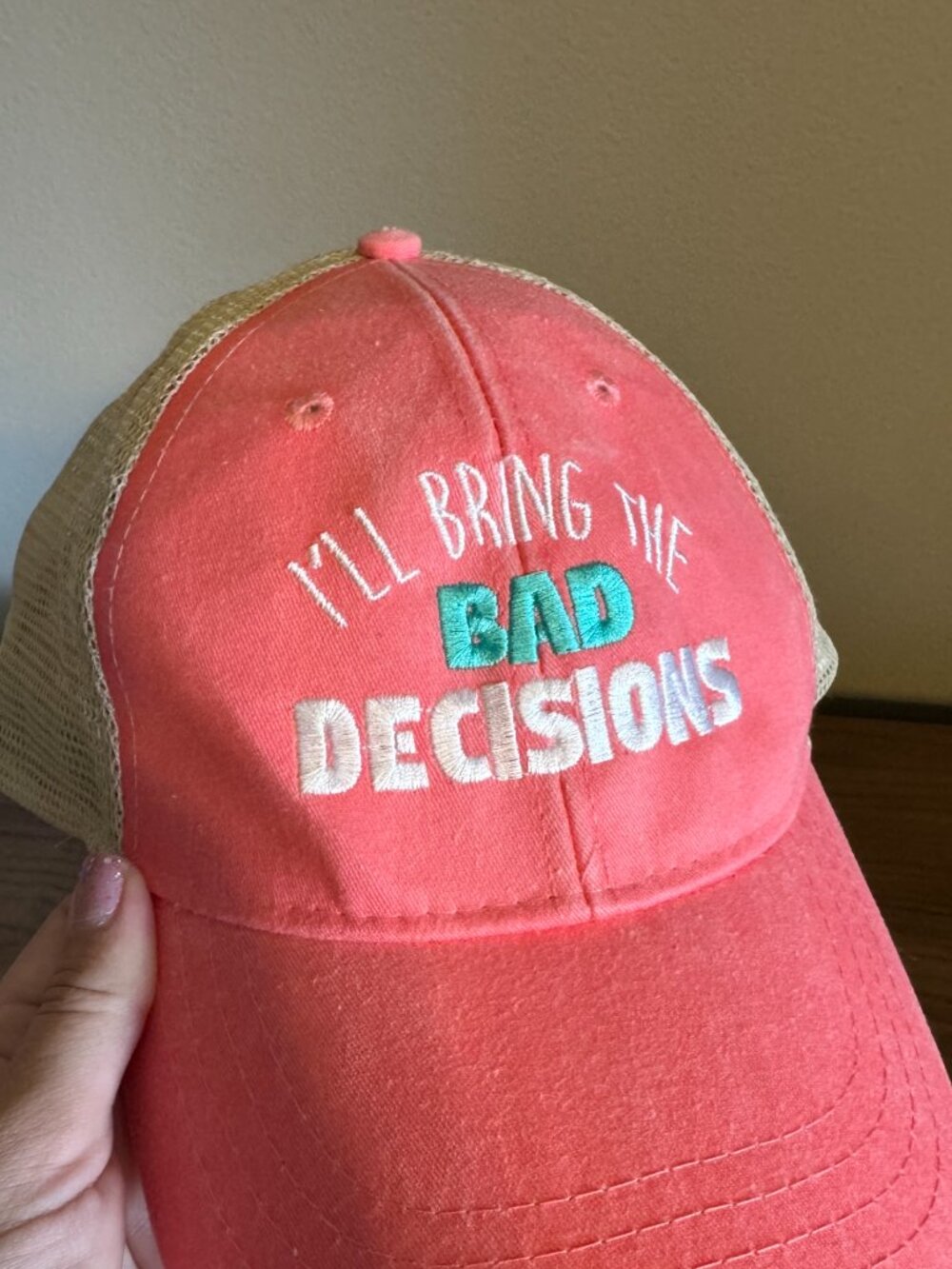 Piper Lou Coral Distressed Trucker Hat, I'll Bring The Bad Decisions, OS - Picture 5 of 5